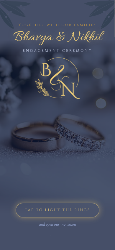 Bhavya & Nikhil engagement invitation with golden rings