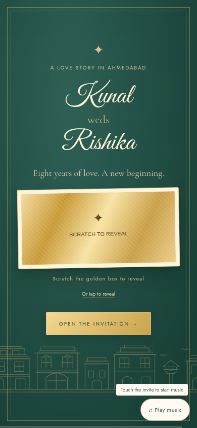Kunal and Rishika invitation with an emerald cover and golden scratch card