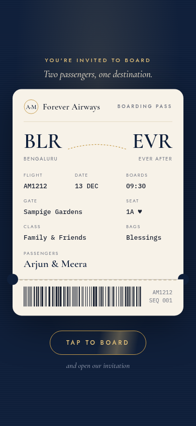 Arjun and Meera wedding invitation as a boarding pass