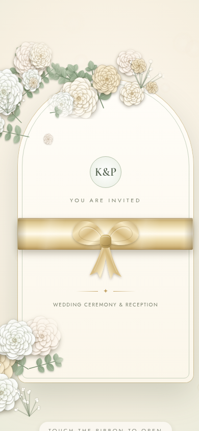 Karthik and Priya invitation with an ivory floral arch and golden ribbon