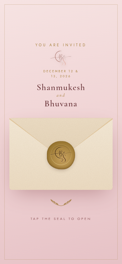Shanmukesh and Bhuvana invitation with a blush background and champagne envelope